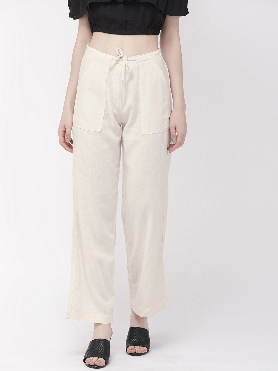 Go Colors Women Off-White Relaxed Fit Solid Parallel Trousers Price in India