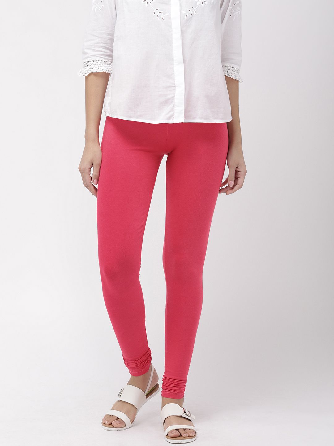 Go Colors Women Pink Solid Churidar Length Leggings Price in India