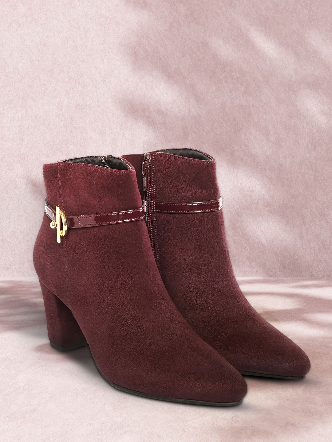 DressBerry Women Burgundy Suede Finish Block Mid-Top Heeled Boots with Metallic Toggle Price in India