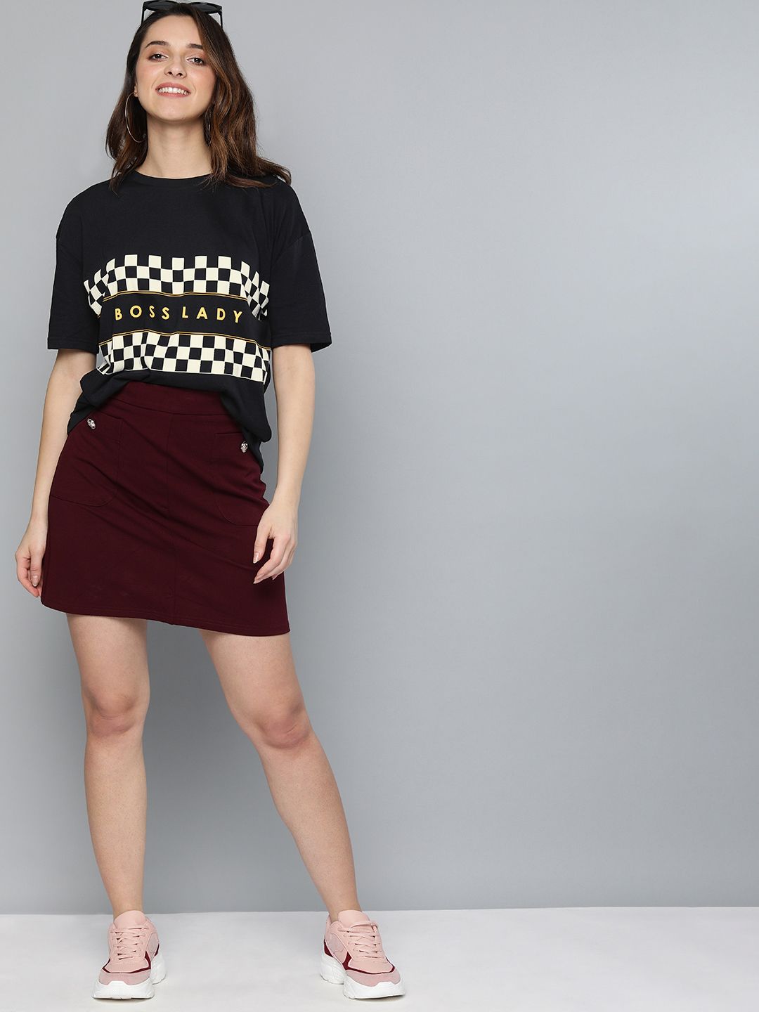HERE&NOW Women Black Checked Round Neck T-shirt Price in India
