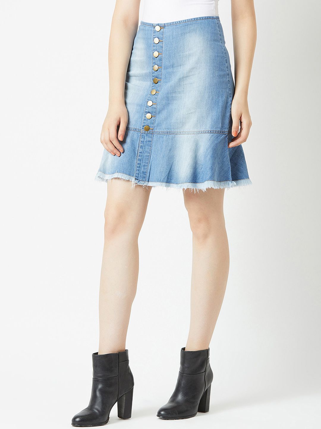 Miss Chase Women's Blue Regular Fit Mid Rise Clean Look Midi Light Weight Denim Skirt