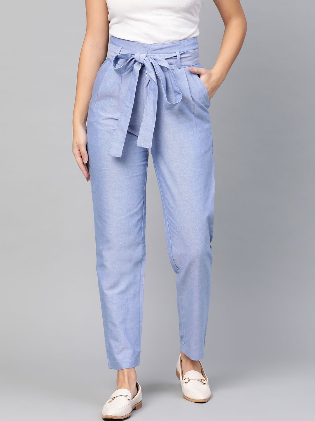 RUNWAYIN Women Blue Comfort Loose Fit Solid Peg Trousers Price in India