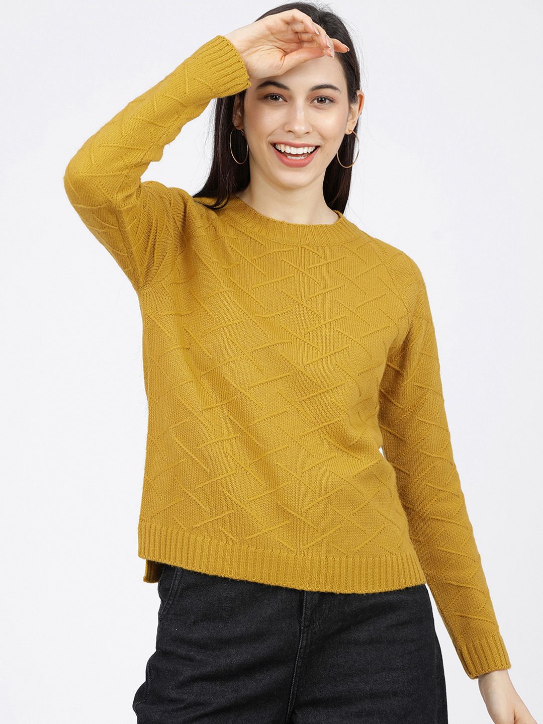 Tokyo Talkies Women Mustard Self Design Sweater Price in India