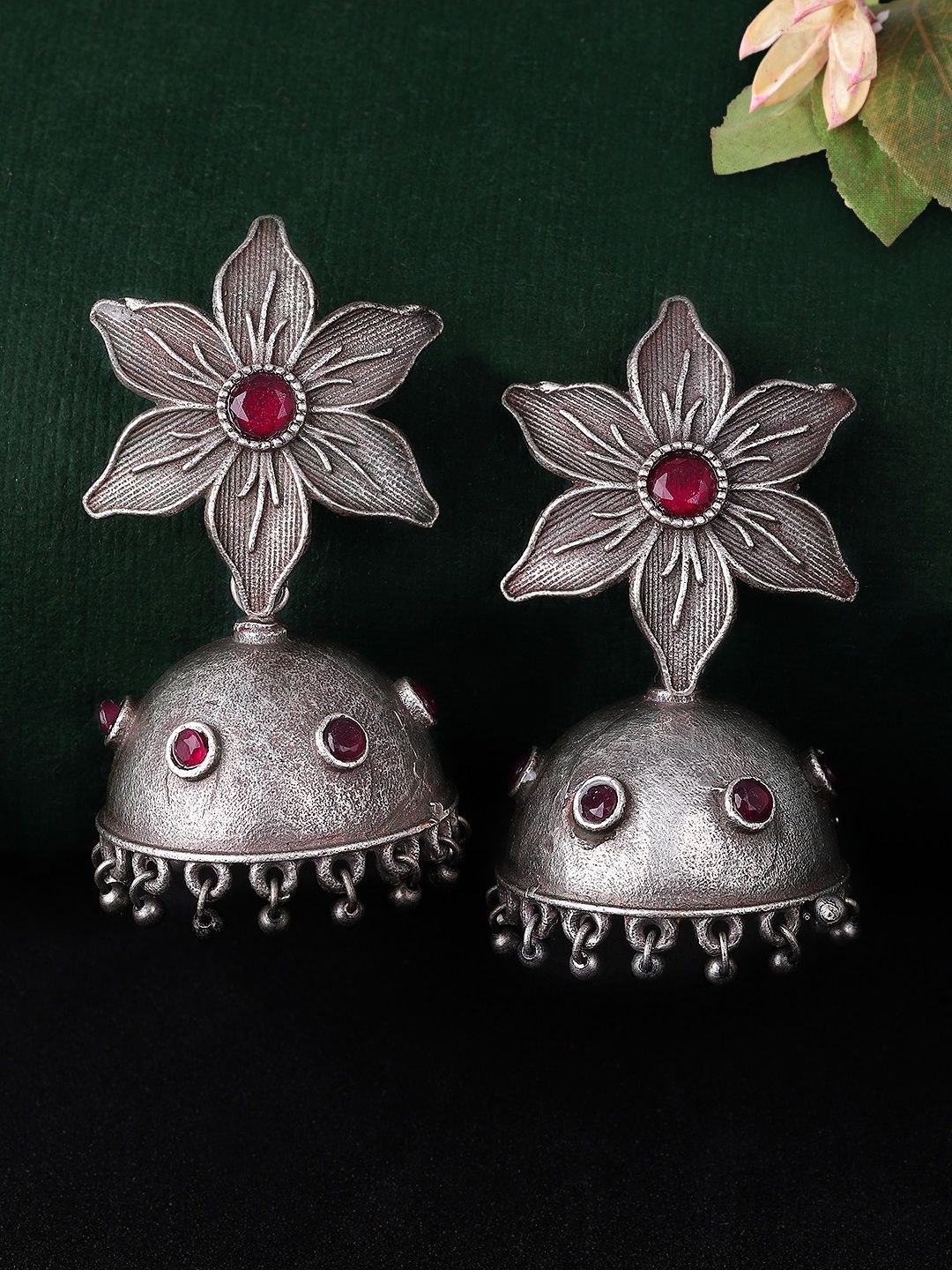 Rubans Silver-Toned Dome Shaped Oxidised Jhumkas Price in India