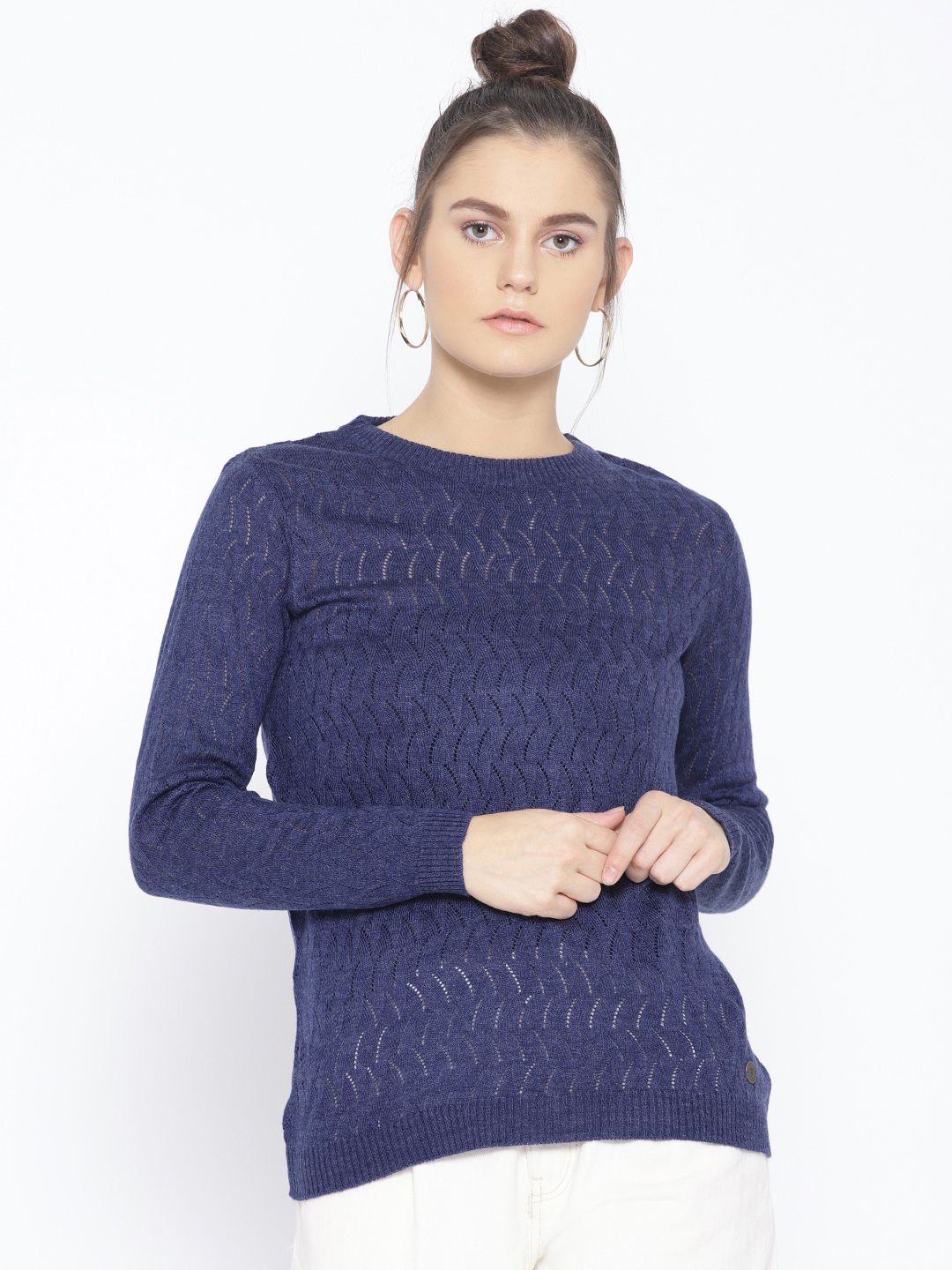 Cayman Women Navy Blue Self Design Sweater Price in India