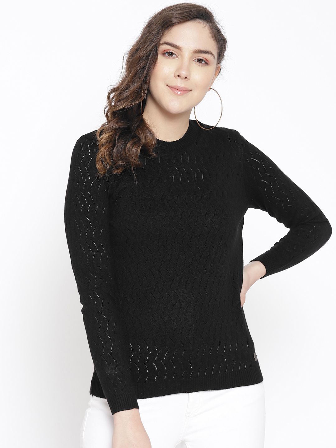 Cayman Women Black Self-Design Woollen Sweater Price in India