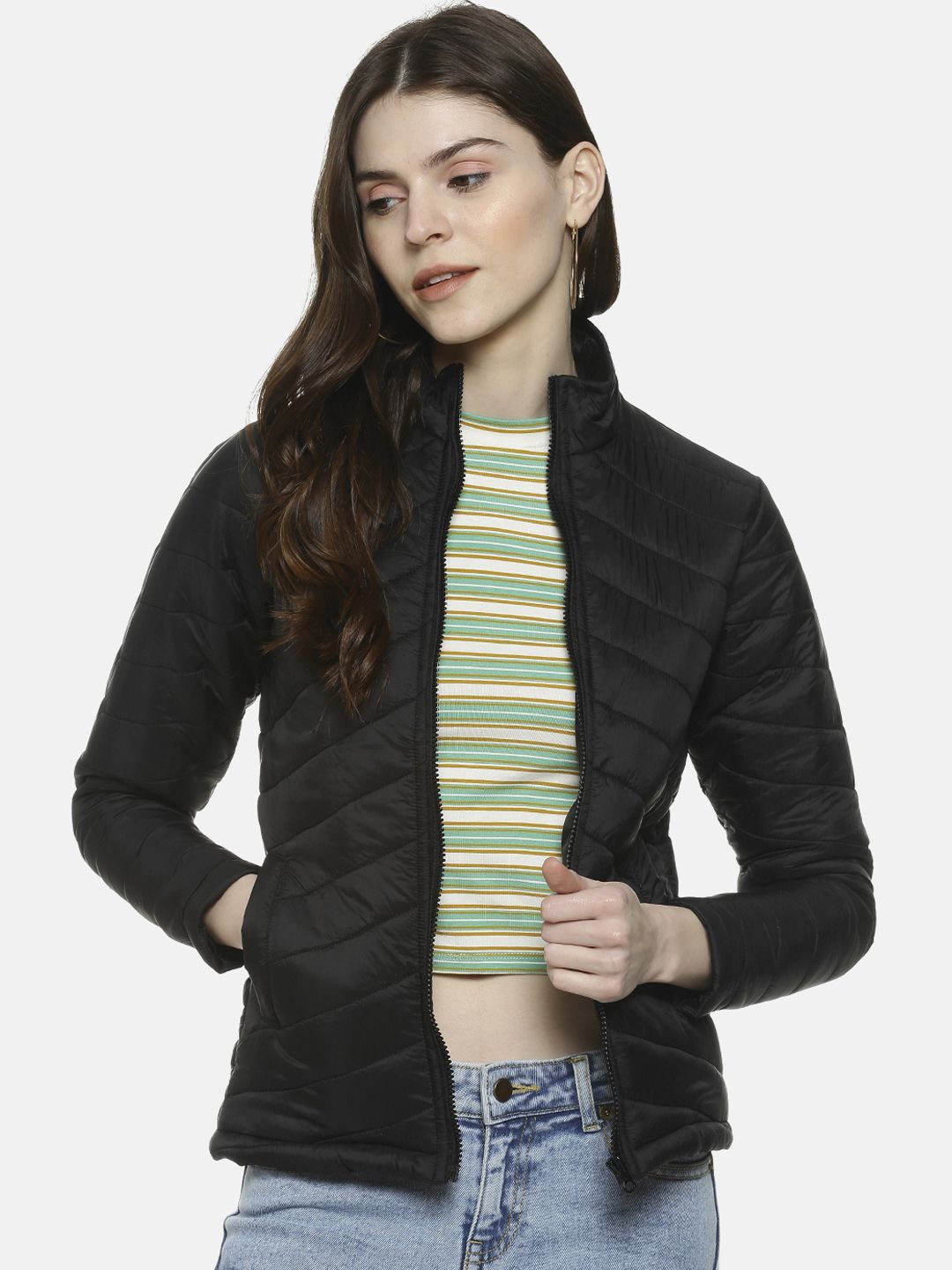 Campus Sutra Women Black Solid Windcheater Jacket Price in India