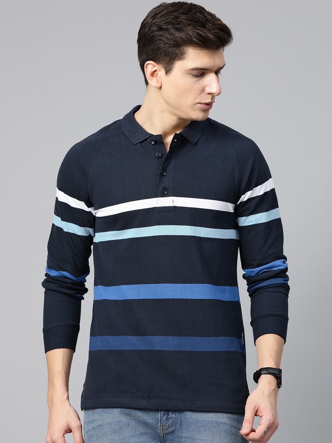 Roadster Men Navy Blue Striped Polo Collar T Shirt Price History