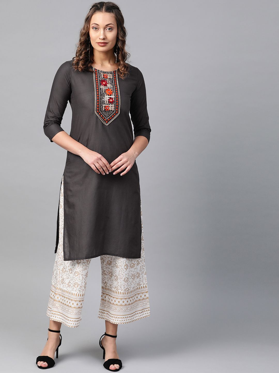 Anubhutee Women Charcoal Grey Yoke Design Straight Kurta Price in India