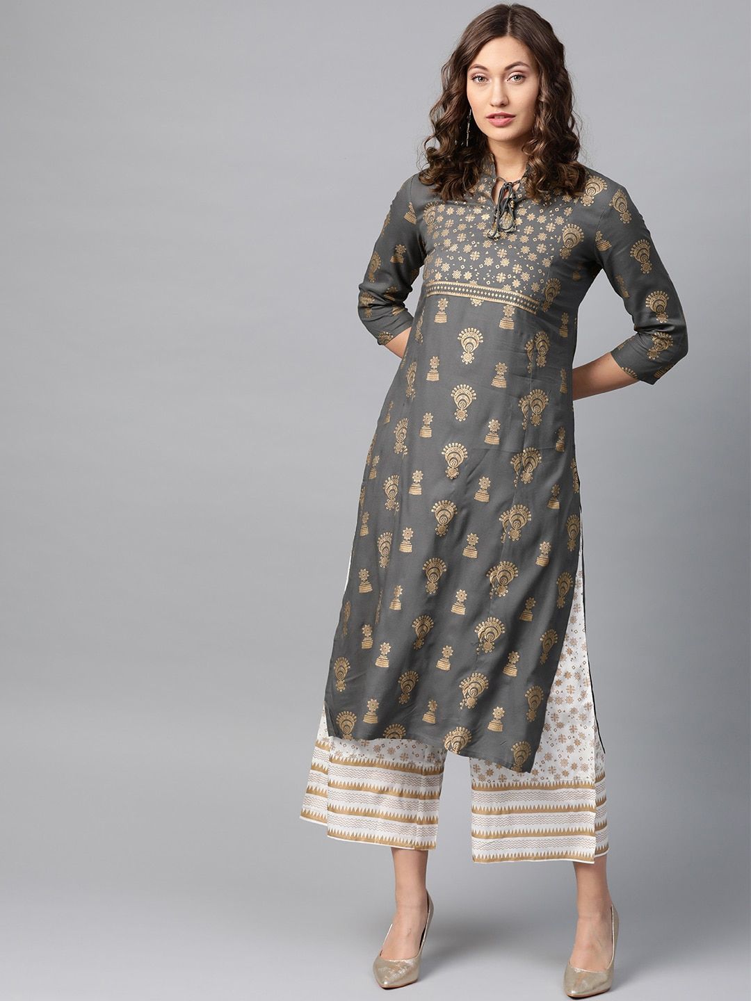 Anubhutee Women Grey & Off-White Foil Print Kurta with Palazzos Price in India