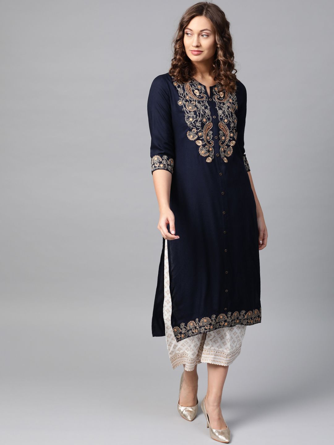 Anubhutee Women Navy Blue & Off-White Yoke Design Kurta with Palazzos