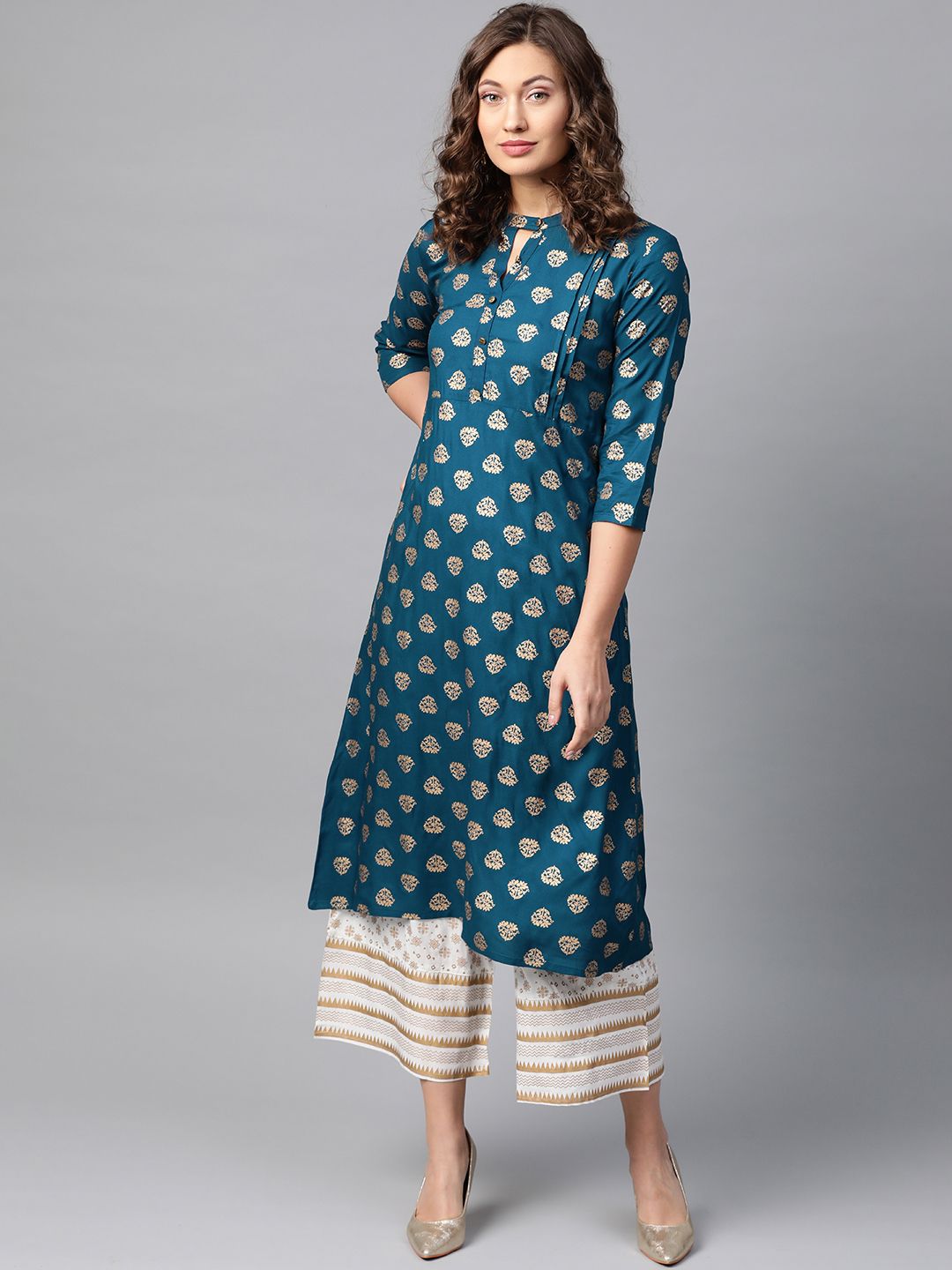 Anubhutee Women Teal Blue & Off-White Foil Print Kurta with Palazzos