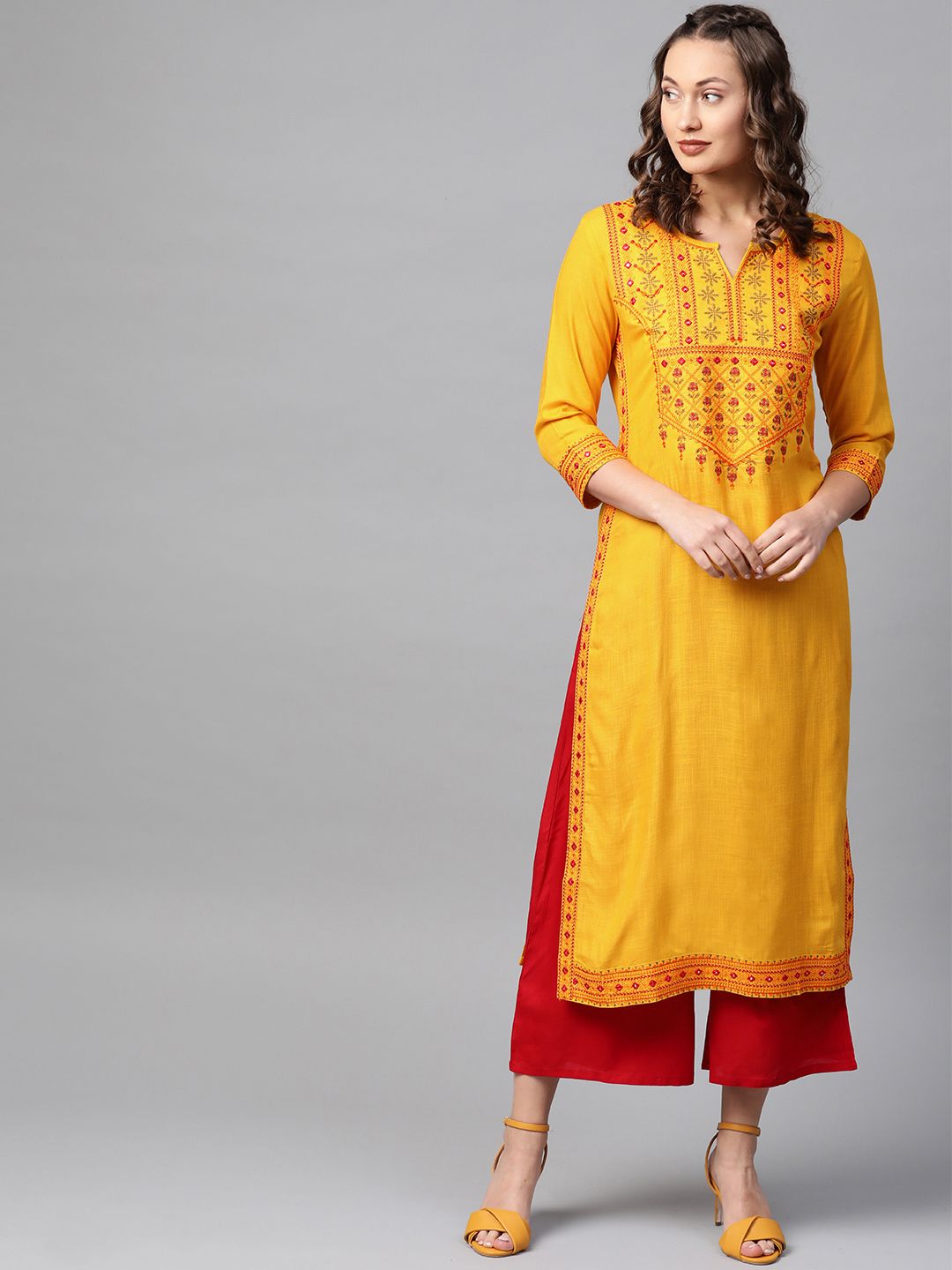 Anubhutee Women Mustard Yellow & Maroon Yoke Design Kurta with Palazzos