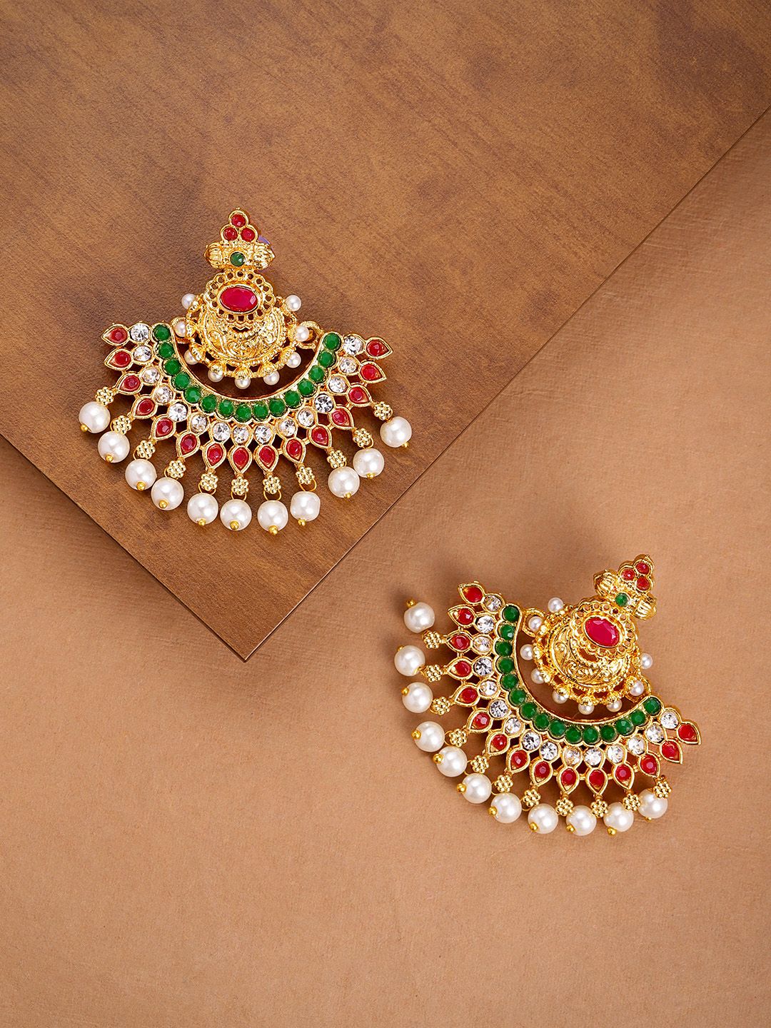 Zaveri Pearls Gold-Plated & Red Crescent Shaped Chandbalis Price in India