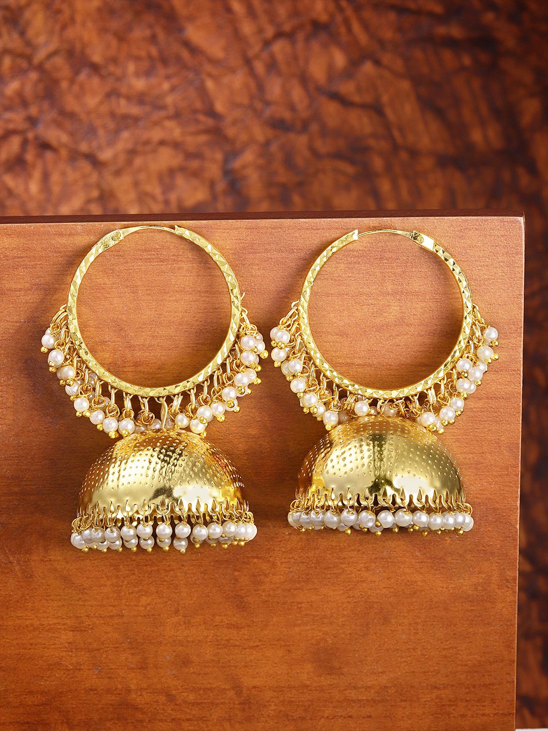 Zaveri Pearls Gold-Plated Dome Shaped Pearl Studded Jhumkas Price in India