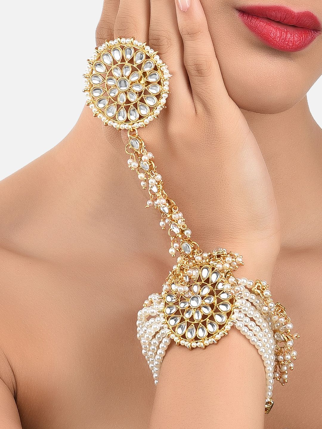 Zaveri Pearls Gold-Toned & White Kundan & Pearl Studded Ring Bracelet Price in India