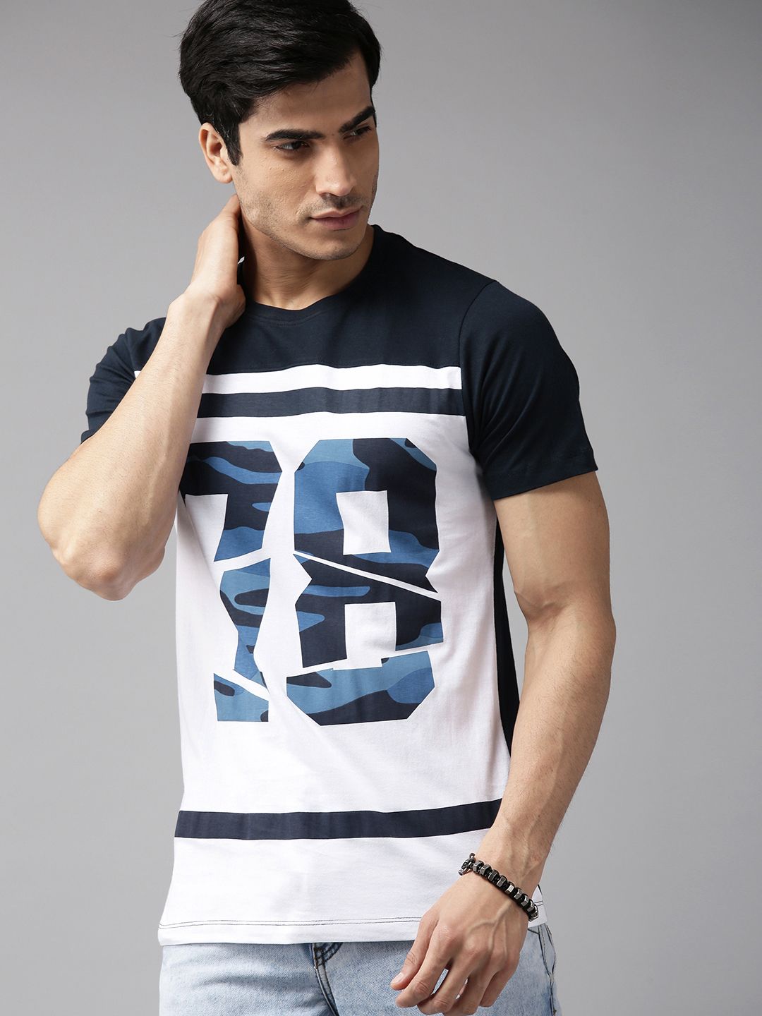 The Roadster Lifestyle Co Men White  Blue Varsity Printed Round Neck Pure Cotton T-shirt