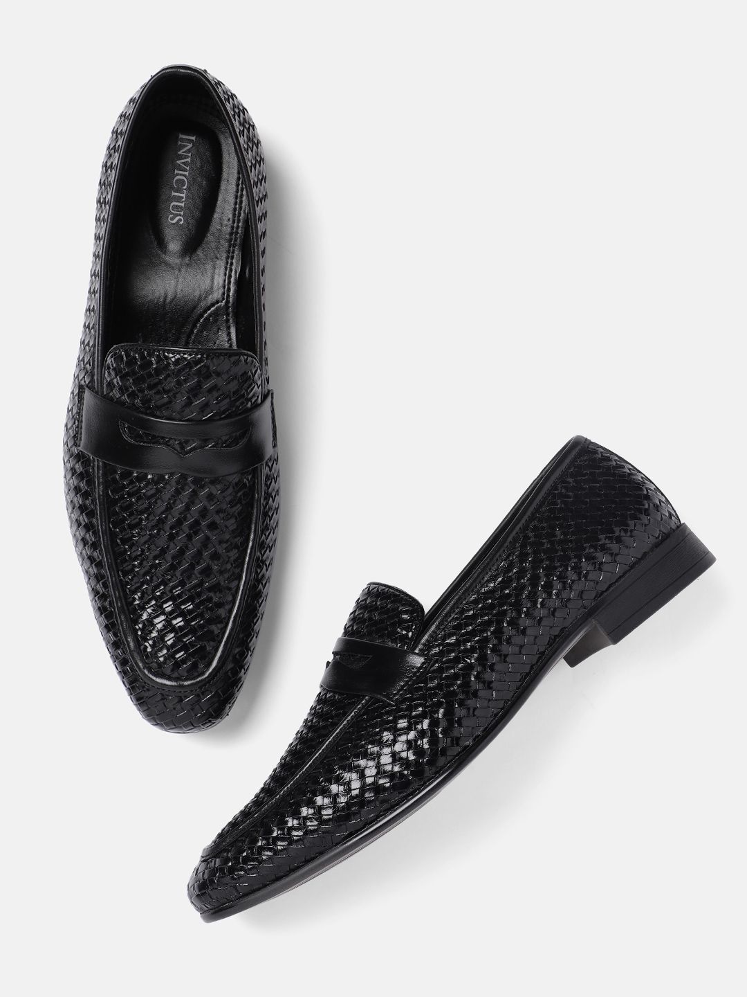 INVICTUS Men Black Basketweave Textured Formal Slip-Ons