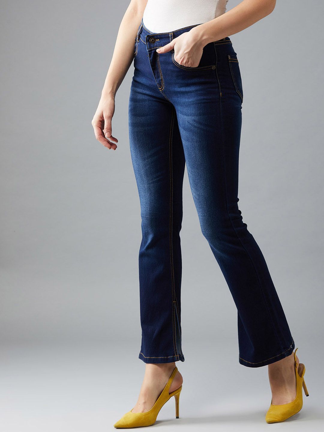 DOLCE CRUDO Women Blue Bootcut Mid-Rise Clean Look Stretchable Jeans Price in India