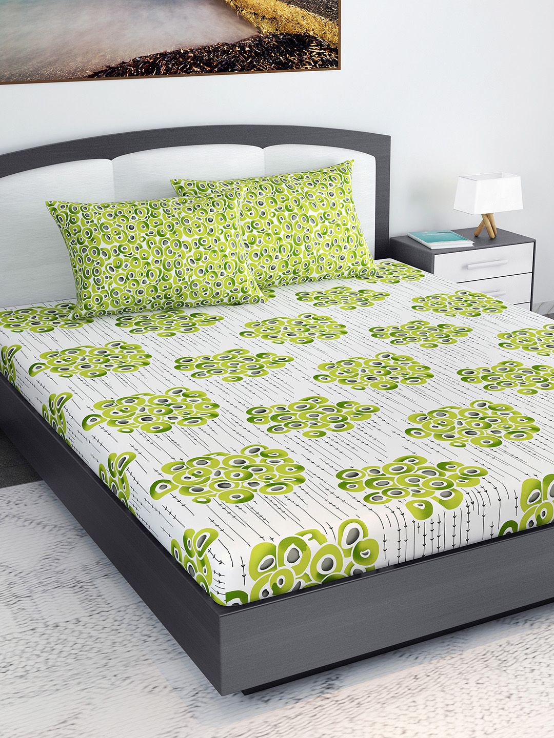 Divine Casa White & Green Abstract 144 TC Cotton 1 King Bedsheet with 2 Pillow Covers Price in India
