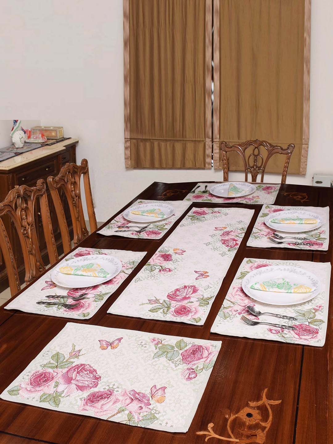 Avira Home Set of 7 Pink & Green Jaquard Woven Table Placemats With Runner Price in India