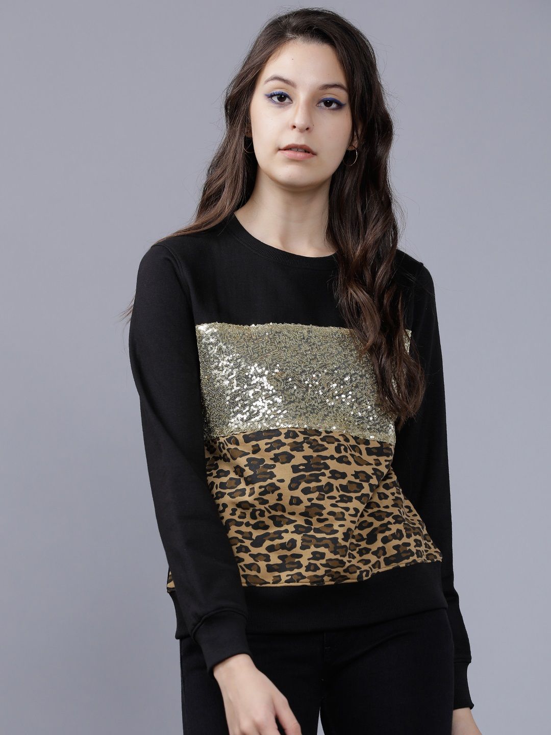 Tokyo Talkies Women Black & Gold-Toned Printed Camouflage & Sequinned Sweatshirt Price in India