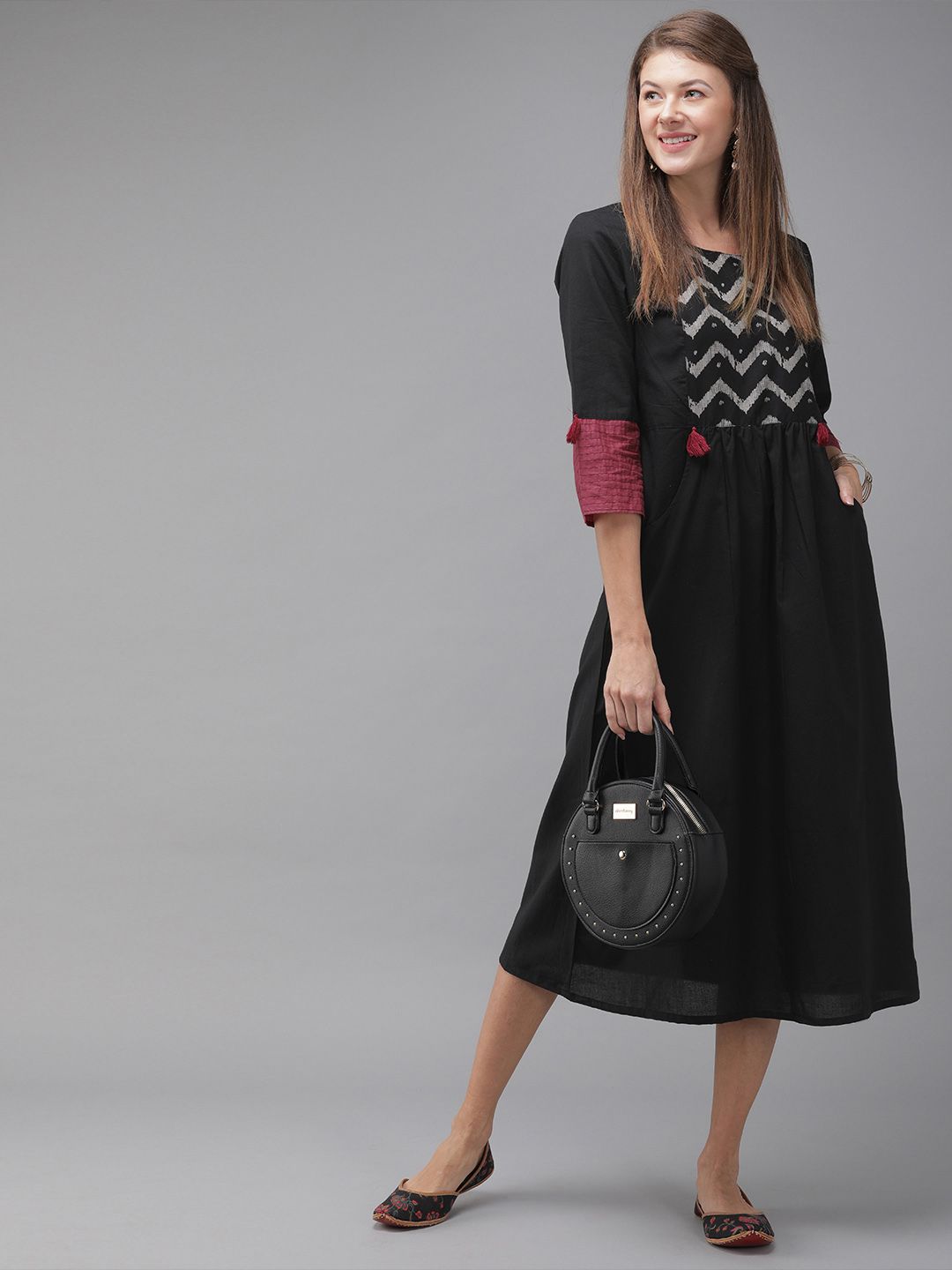 Anouk Women Black Printed A-Line Dress Price in India