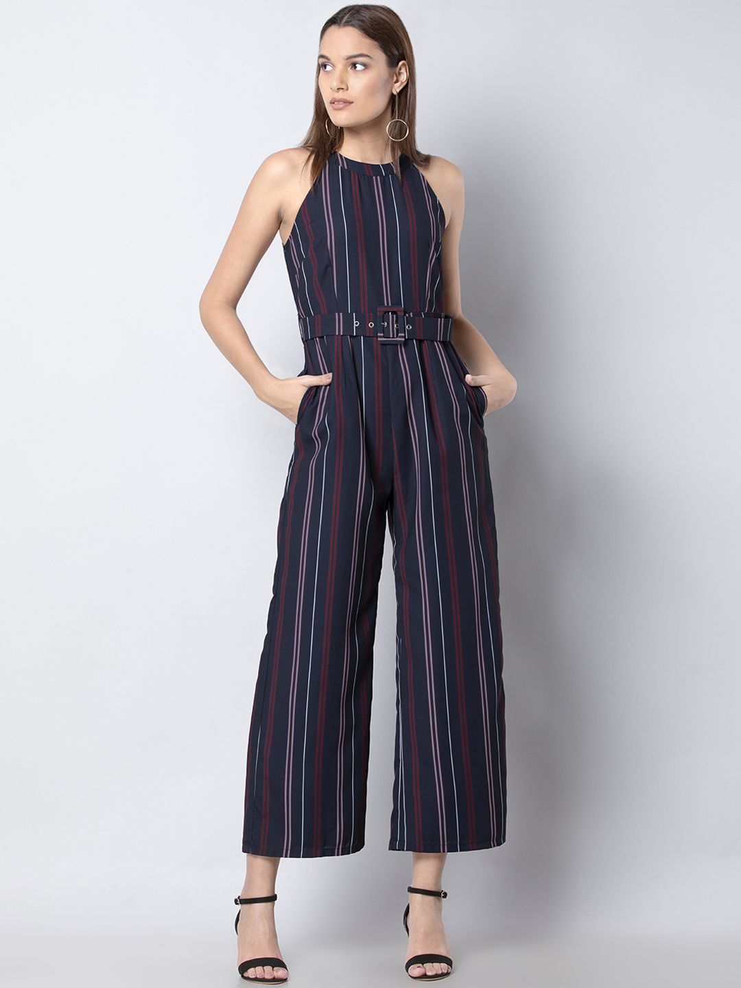 FabAlley Women Blue & Maroon Striped Basic Jumpsuit Price in India