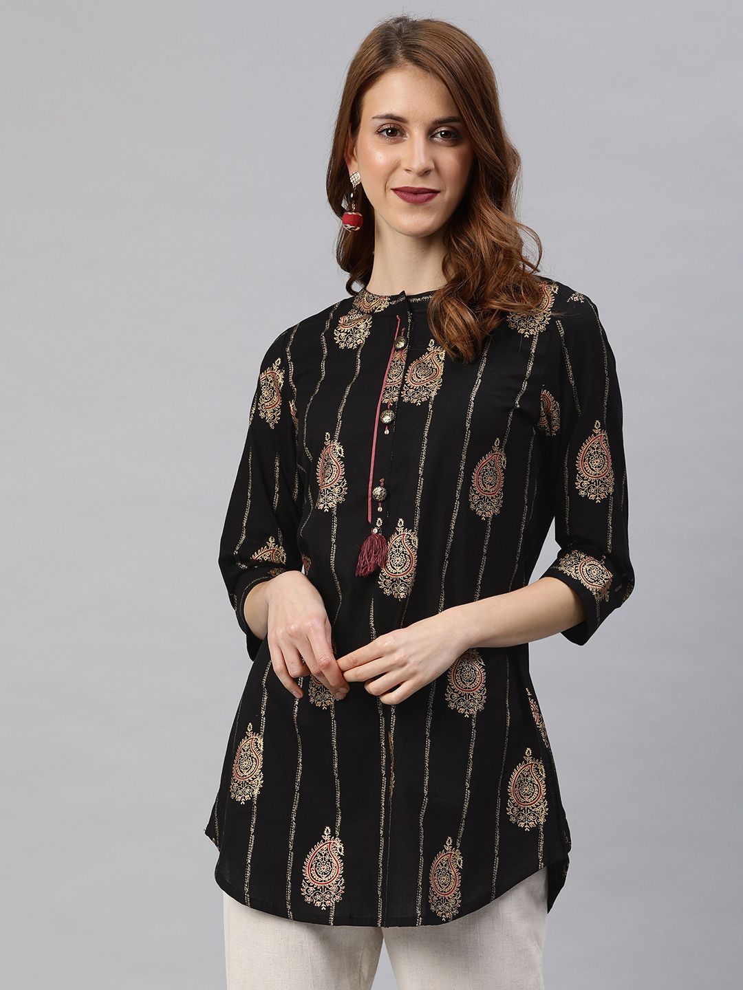 Rain & Rainbow Women Black & Golden Printed Pure Cotton Straight Kurti Price in India