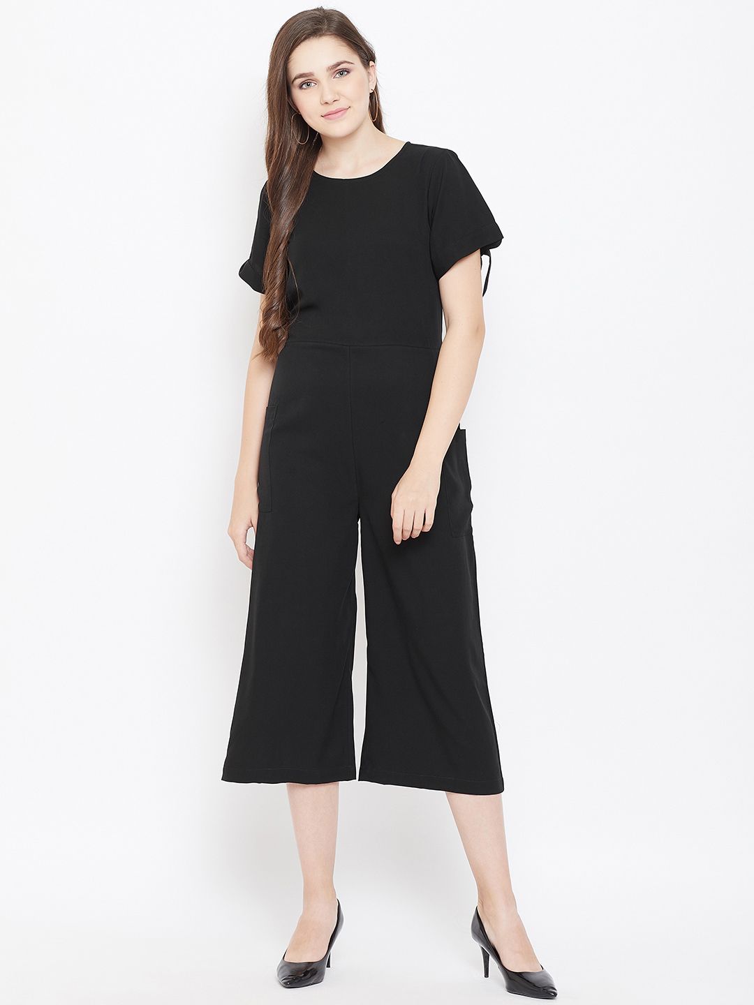 Cottinfab Women Black Solid Culotte Jumpsuit Price in India