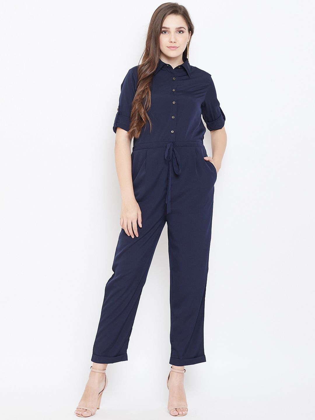 Cottinfab Women Navy Blue Solid Basic Jumpsuit Price in India
