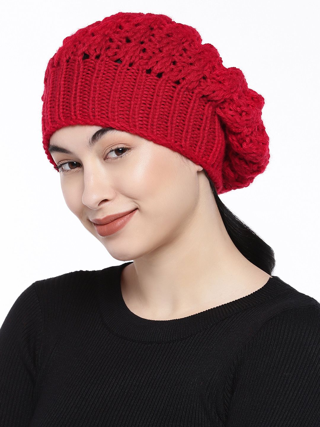 Magic Needles Women Red Self Design Beanie Price in India