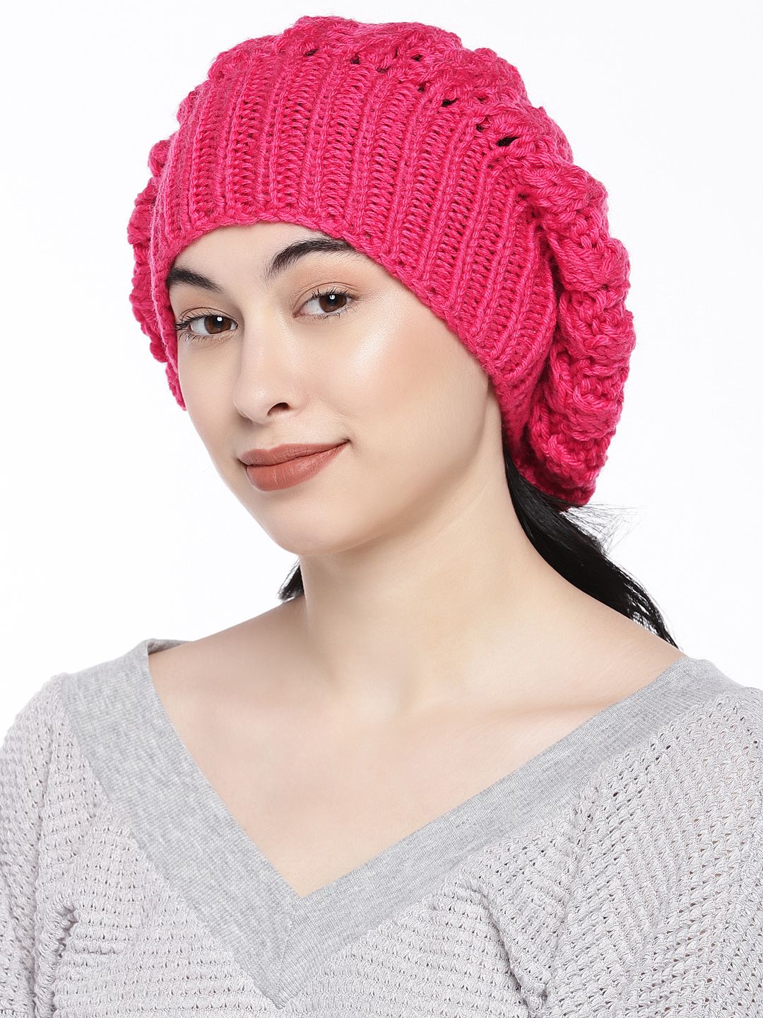 Magic Needles Women Fuchsia Pink Self Design Beanie Price in India