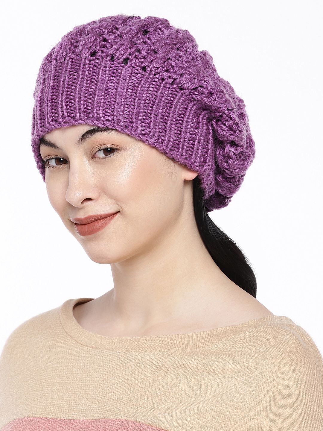 Magic Needles Women Purple Self Design Beanie Price in India