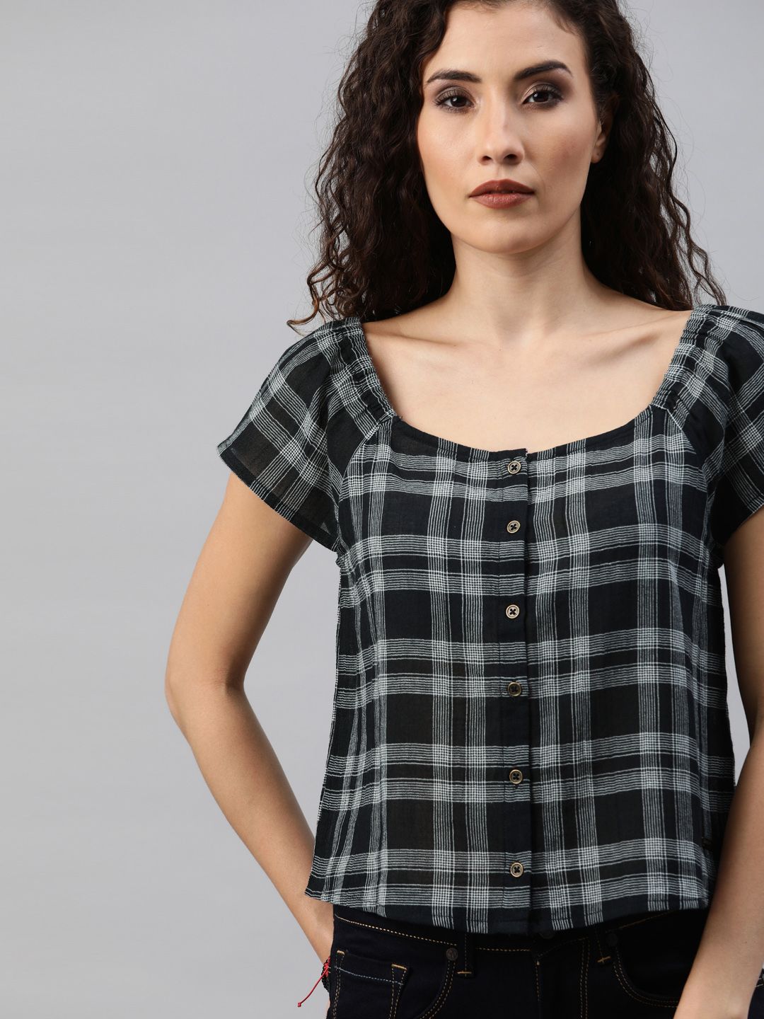 Roadster Women Black & White Checked Shirt Style Top