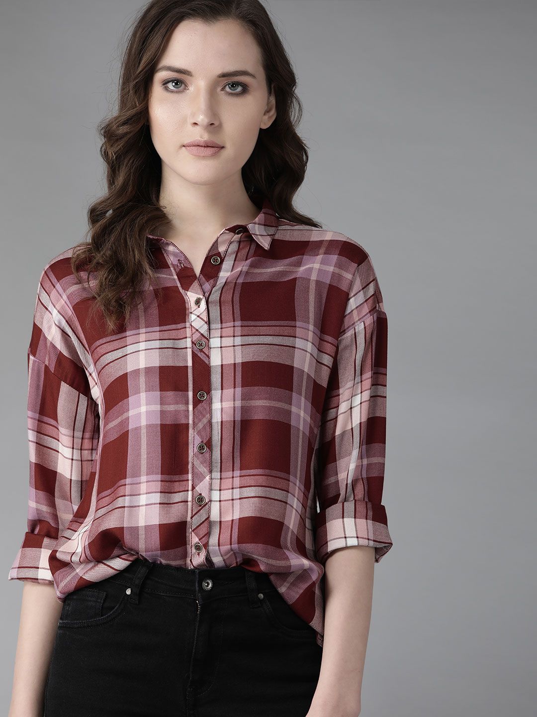 Roadster Women Maroon & Pink Boxy Fit Checked Casual Shirt