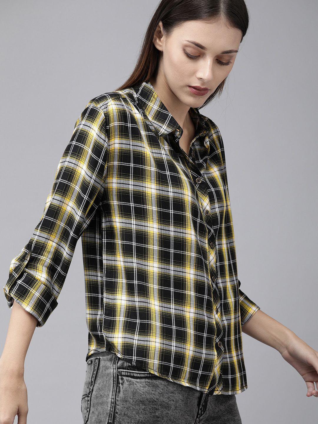 Roadster Women Black & Yellow Regular Fit Checked Casual Shirt