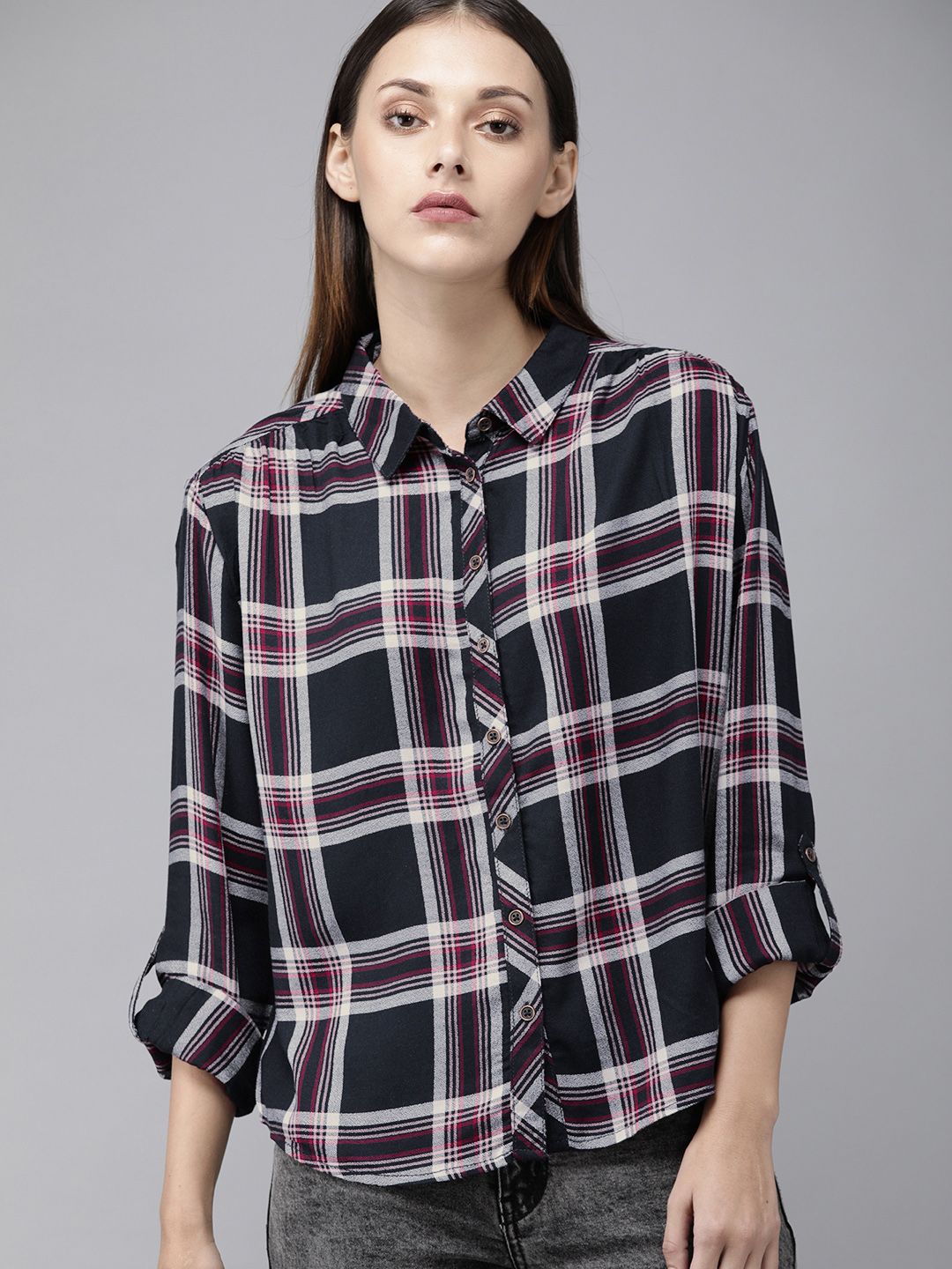 Roadster Women Navy Blue & Off-White Regular Fit Checked Casual Shirt