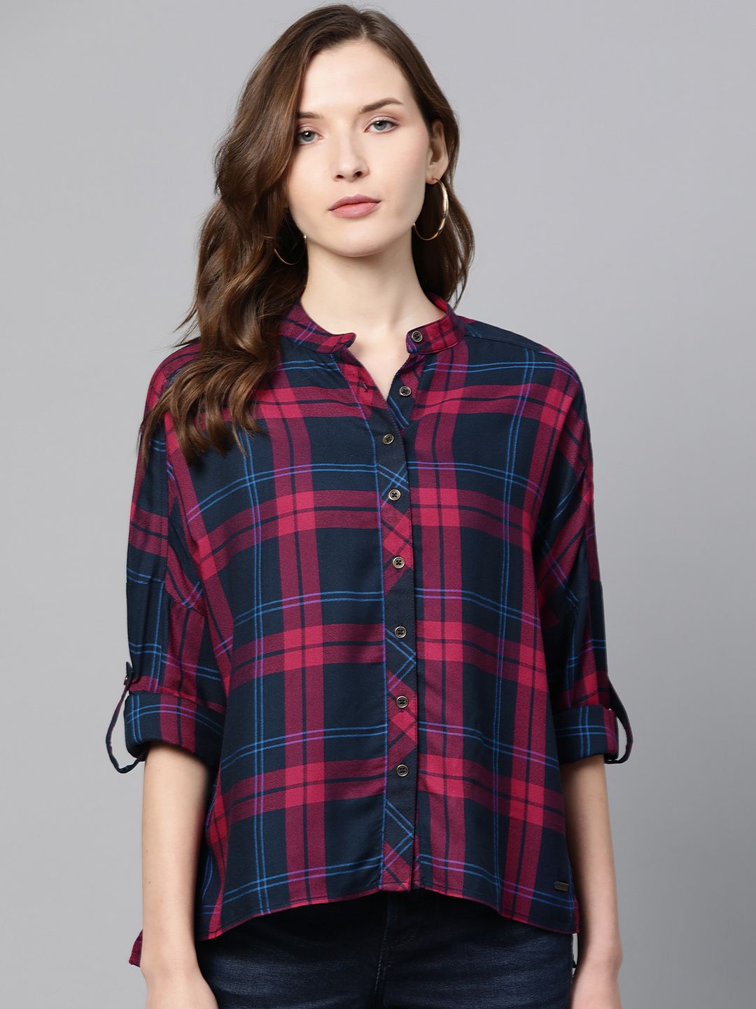 Roadster Women Navy Blue & Pink Regular Fit Checked Casual Shirt