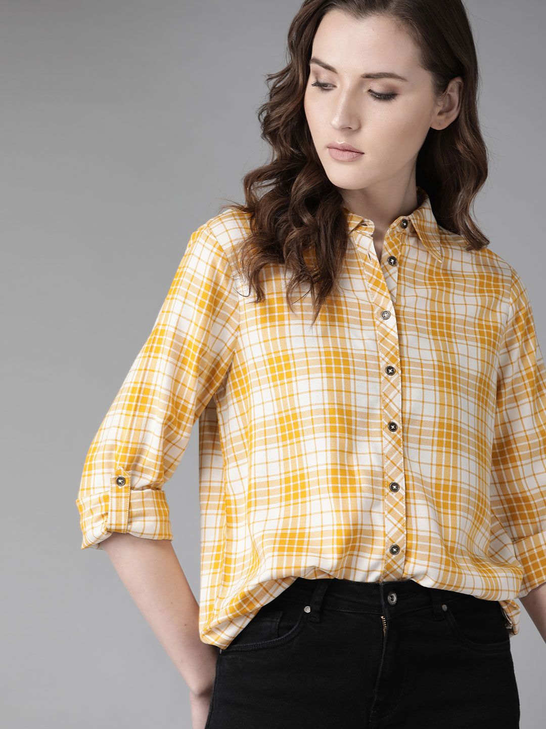 Roadster Women Mustard Yellow & White Checked Casual Shirt