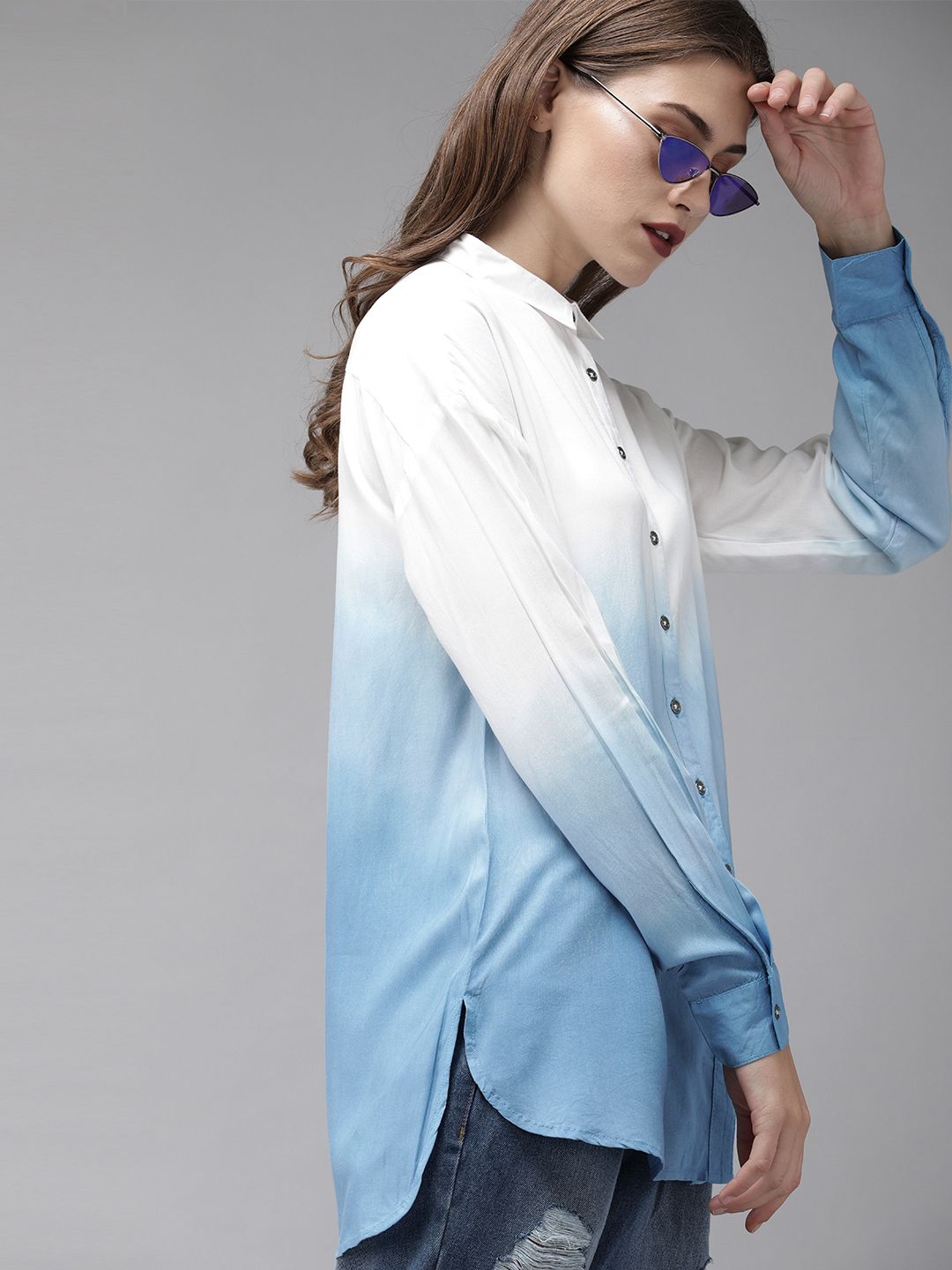 Roadster Women White & Blue Boxy Dyed High Low Casual Shirt