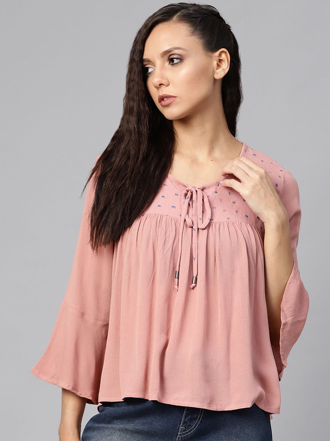 Roadster Women Pink & Blue Yoke Design A-Line Top