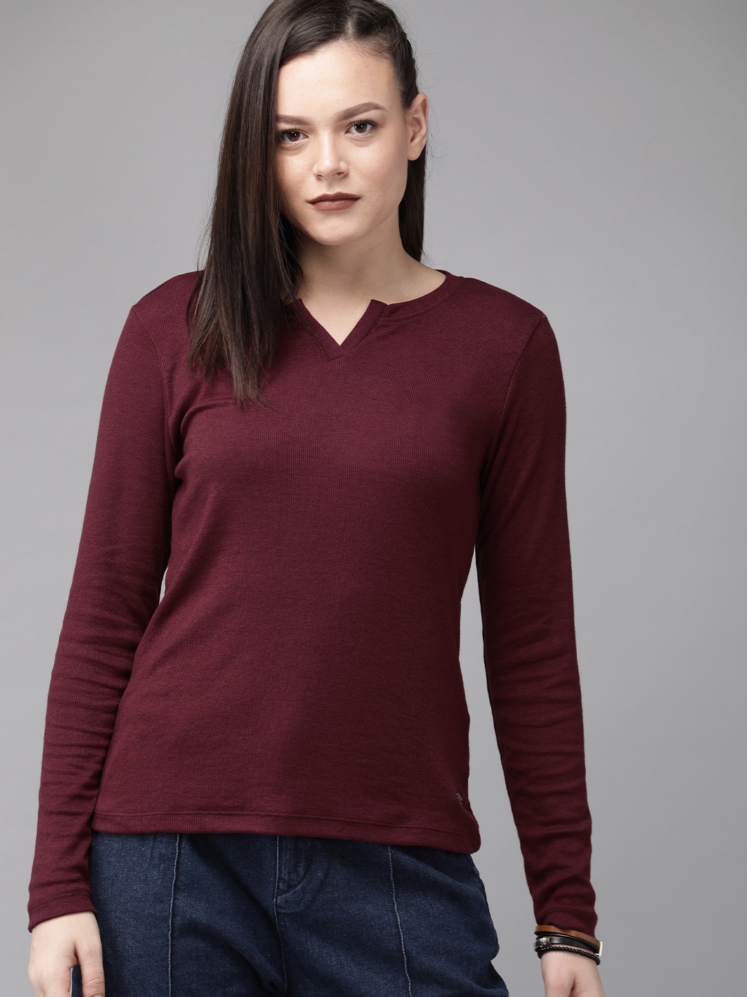 Roadster Women Maroon Solid Sustainable Top Price in India