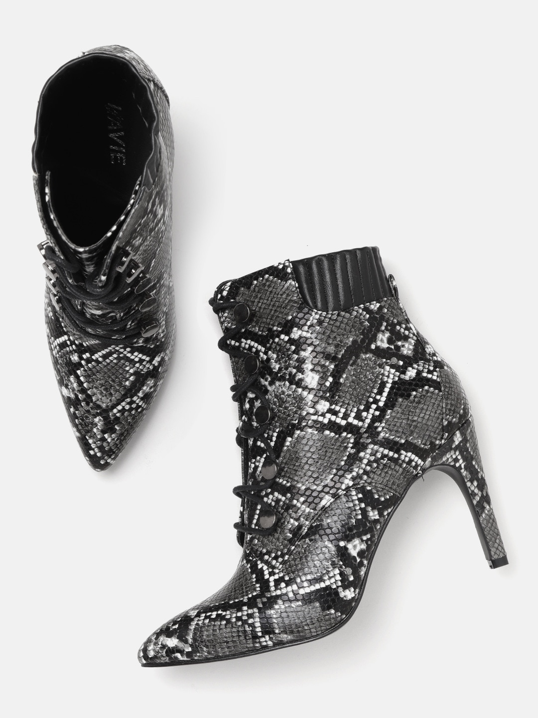 Lavie Women Charcoal Grey & Black Snakeskin Textured Heeled Boots Price in India