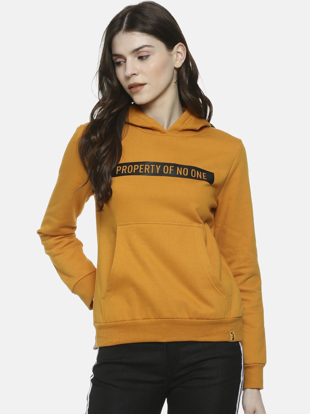 Campus Sutra Women Mustard Yellow Printed Hooded Sweatshirt Price in India