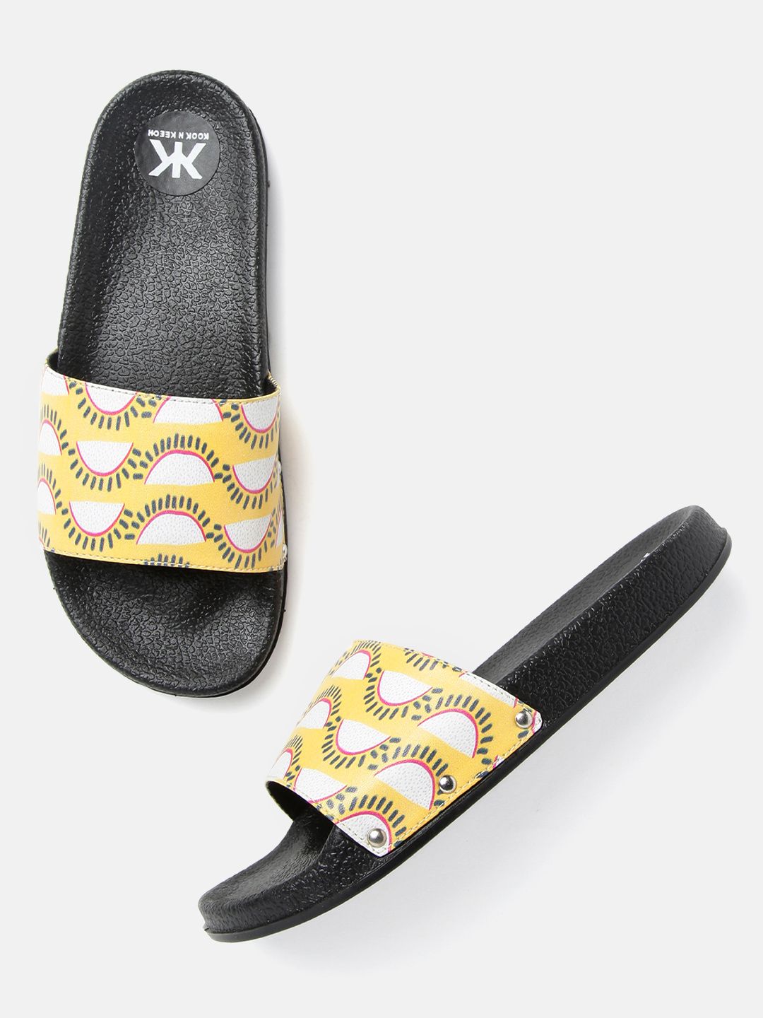 Kook N Keech Women Yellow & White Printed Sliders Price in India