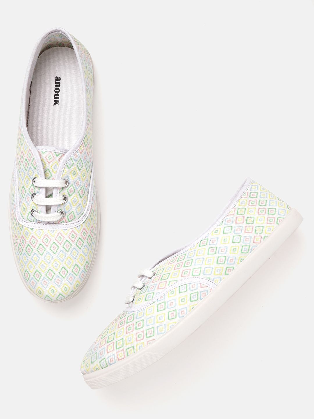 Anouk Women White & Green Printed Sneakers