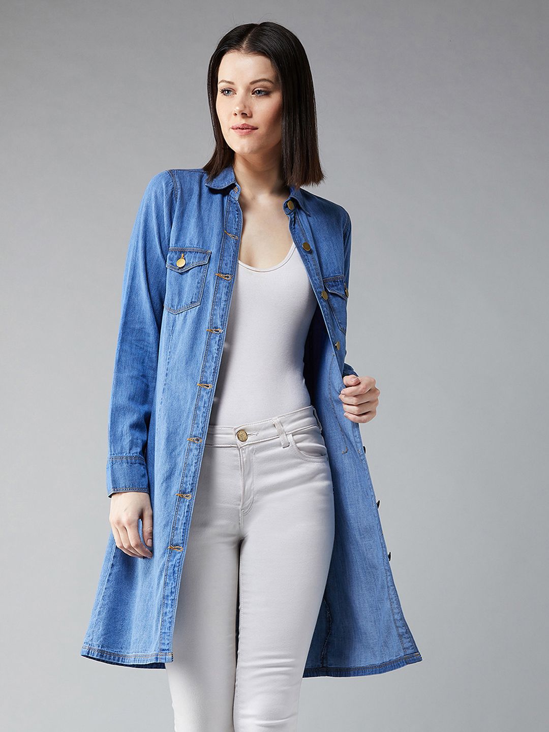 DOLCE CRUDO Women Blue Solid Denim Shrug Price in India