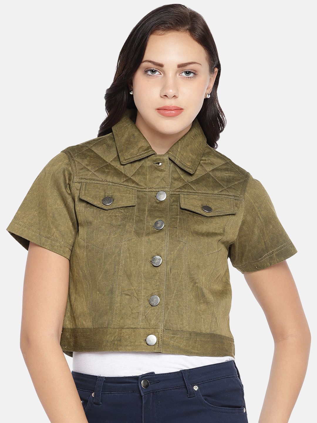 MERLOT Women Olive Green Solid Water Resistant Crop Denim Jacket Price in India