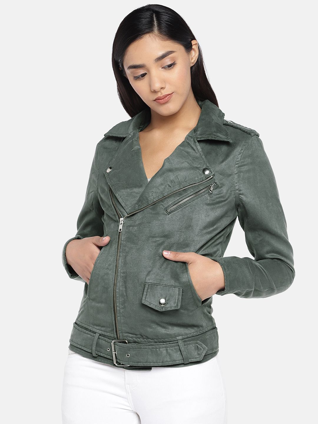 MERLOT Women Green Solid Water Resistant Biker Jacket Price in India